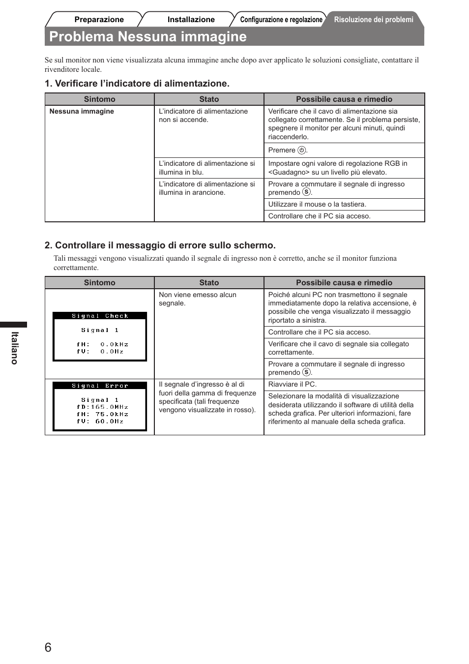 Problema nessuna immagine, Italiano, Veriﬁcare l’indicatore di alimentazione | Controllare il messaggio di errore sullo schermo | Eizo FlexScan SX2761W User Manual | Page 32 / 60