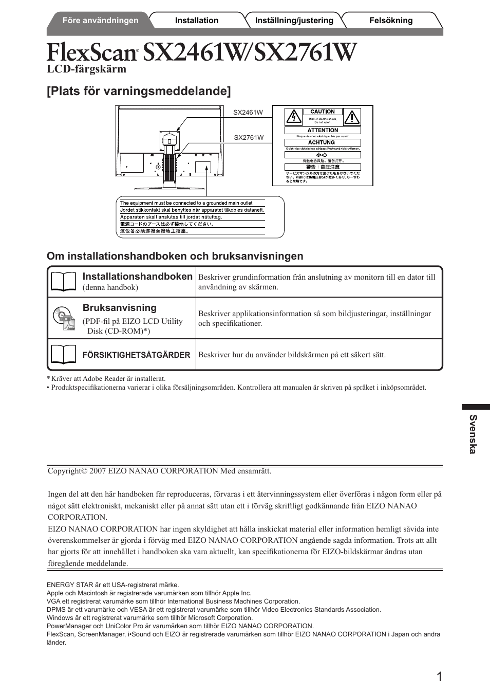 Plats för varningsmeddelande, Lcd-färgskärm, Om installationshandboken och bruksanvisningen | Eizo FlexScan SX2761W User Manual | Page 33 / 60