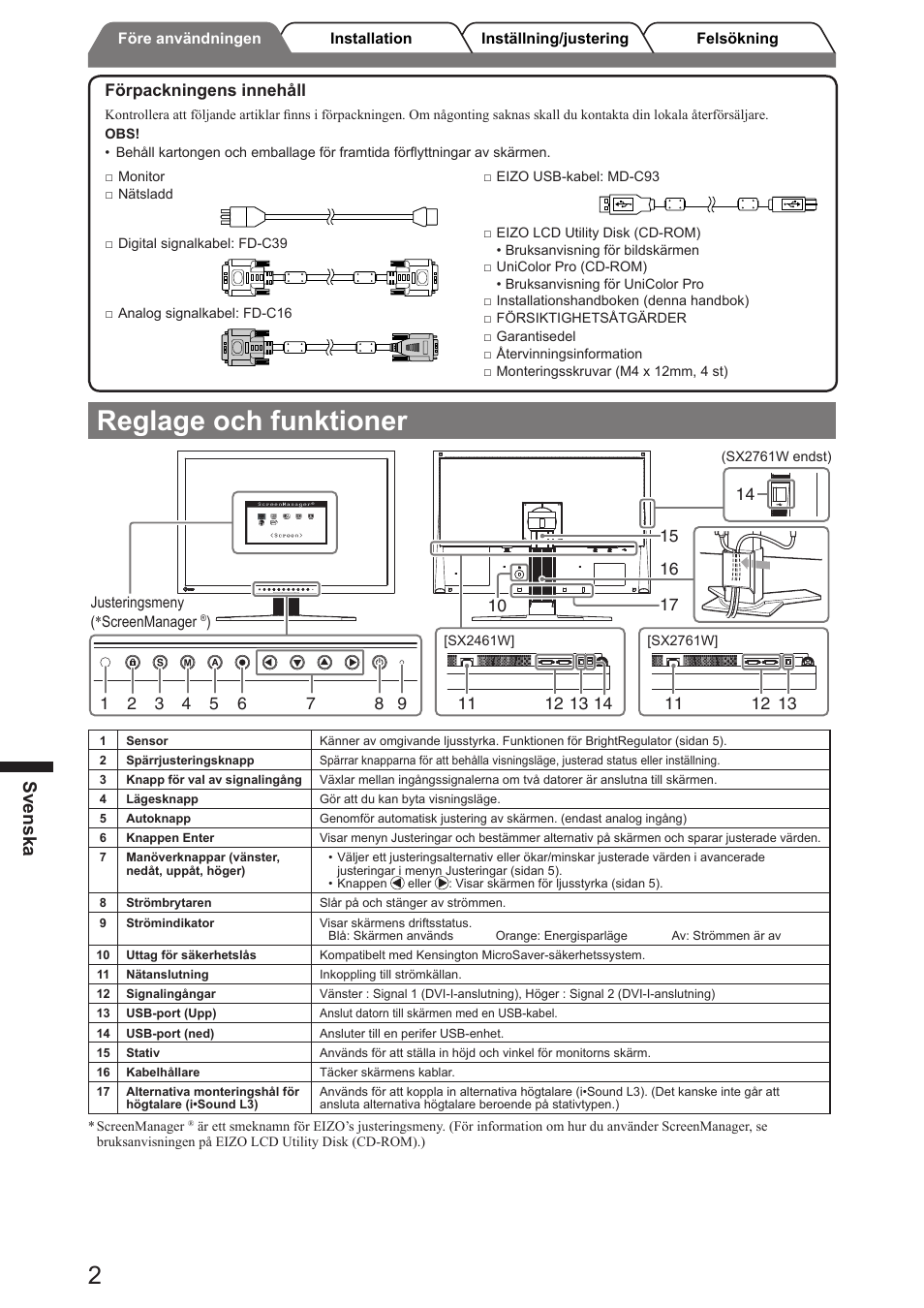 Reglage och funktioner, Svenska | Eizo FlexScan SX2761W User Manual | Page 34 / 60