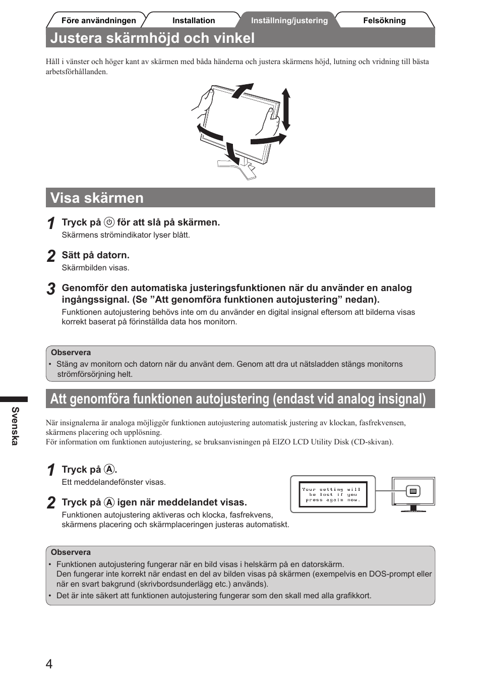 Justera skärmhöjd och vinkel, Visa skärmen | Eizo FlexScan SX2761W User Manual | Page 36 / 60