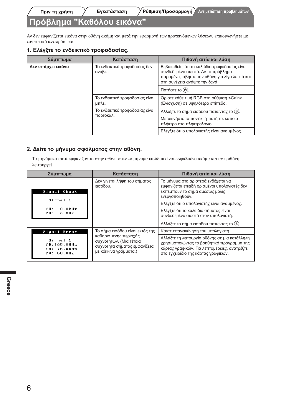 Πρόβλημα "καθόλου εικόνα, Greece, Ελέγξτε το ενδεικτικό τροφοδοσίας | Δείτε το μήνυμα σφάλματος στην οθόνη | Eizo FlexScan SX2761W User Manual | Page 44 / 60