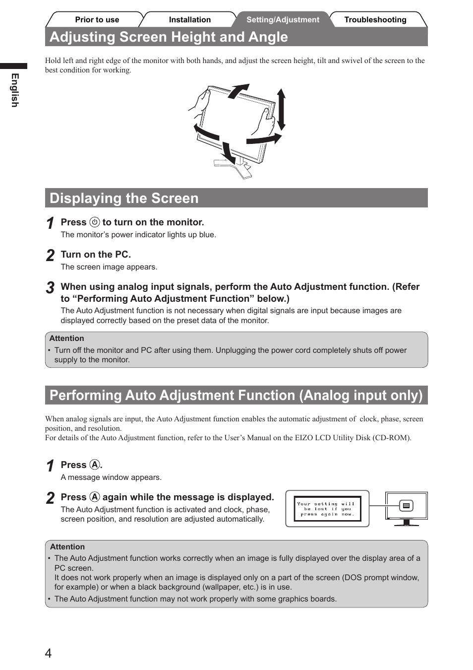 Adjusting screen height and angle, Displaying the screen | Eizo FlexScan SX2761W User Manual | Page 6 / 60