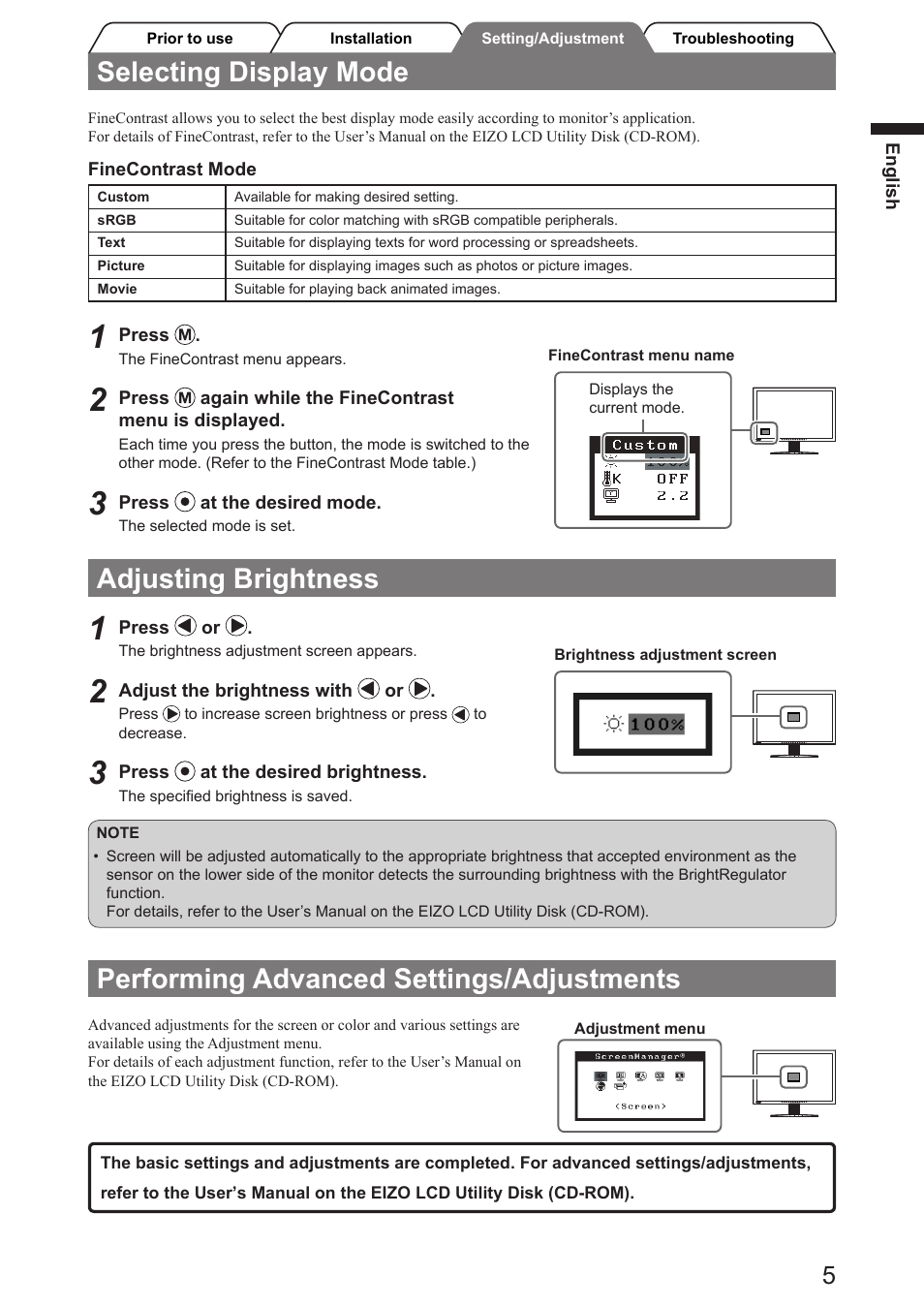 Selecting display mode, Adjusting brightness, Performing advanced settings/adjustments | Eizo FlexScan SX2761W User Manual | Page 7 / 60