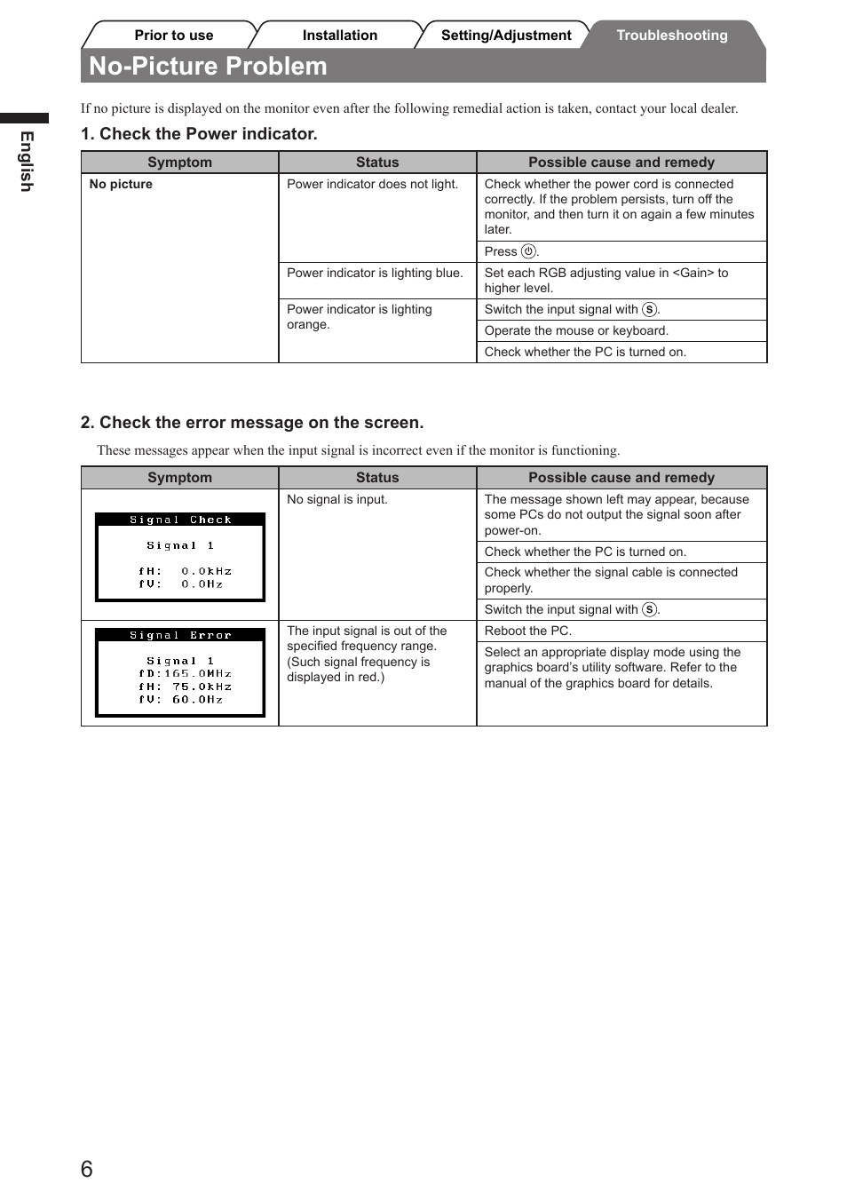 No-picture problem | Eizo FlexScan SX2761W User Manual | Page 8 / 60