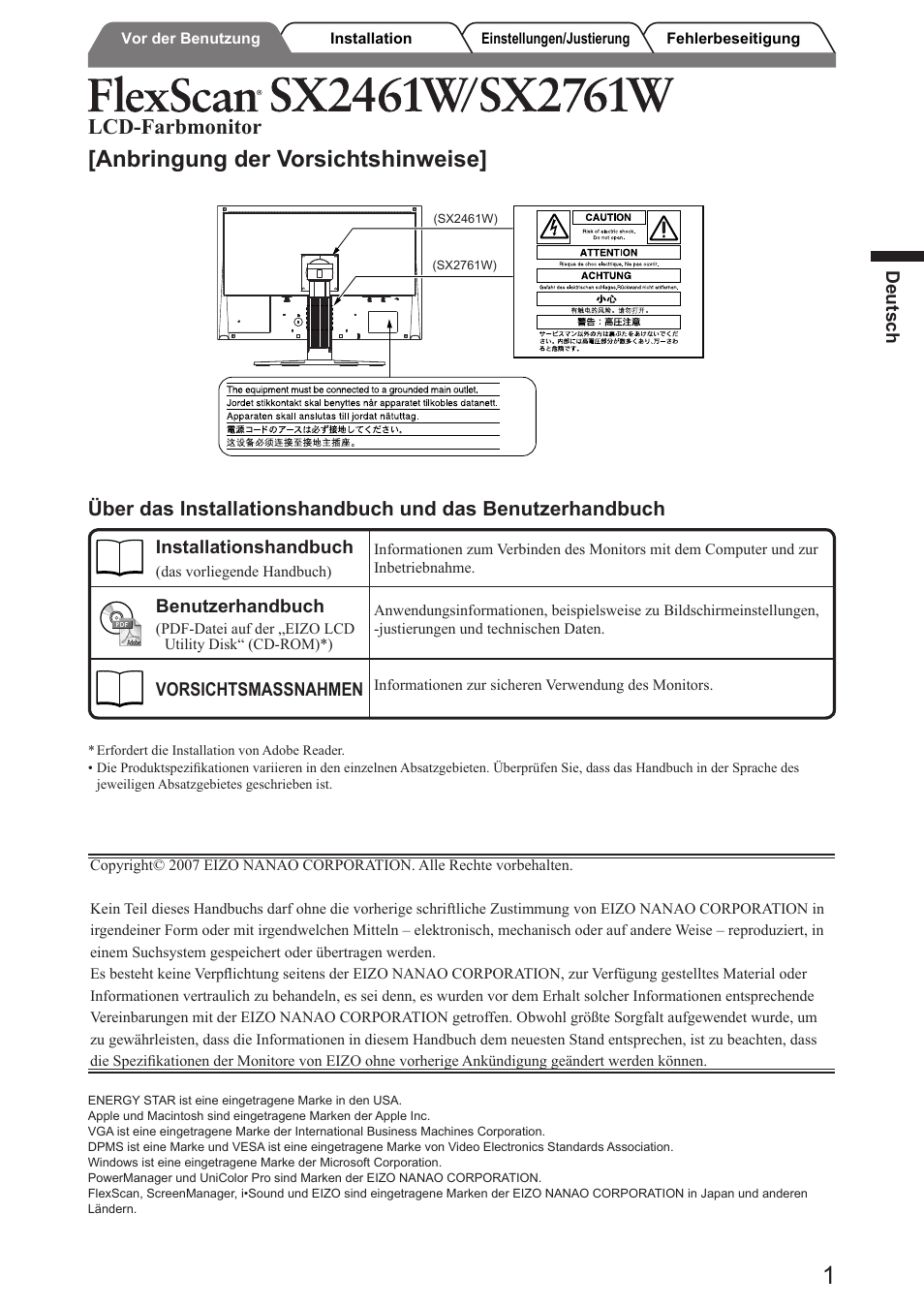 Anbringung der vorsichtshinweise, Lcd-farbmonitor | Eizo FlexScan SX2761W User Manual | Page 9 / 60