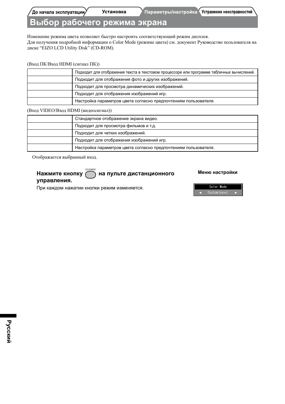 Выбор рабочего режима экрана | Eizo FORIS FX2431 User Manual | Page 142 / 166