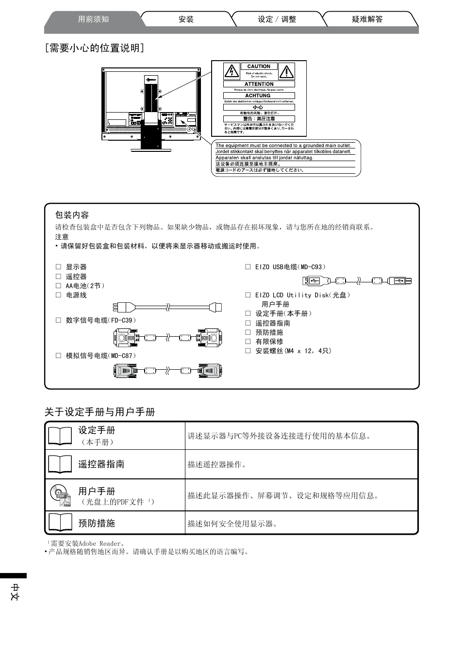 关于设定手册与用户手册, 需要小心的位置说明, 设定手册 | 遥控器指南, 用户手册, 预防措施 | Eizo FORIS FX2431 User Manual | Page 150 / 166