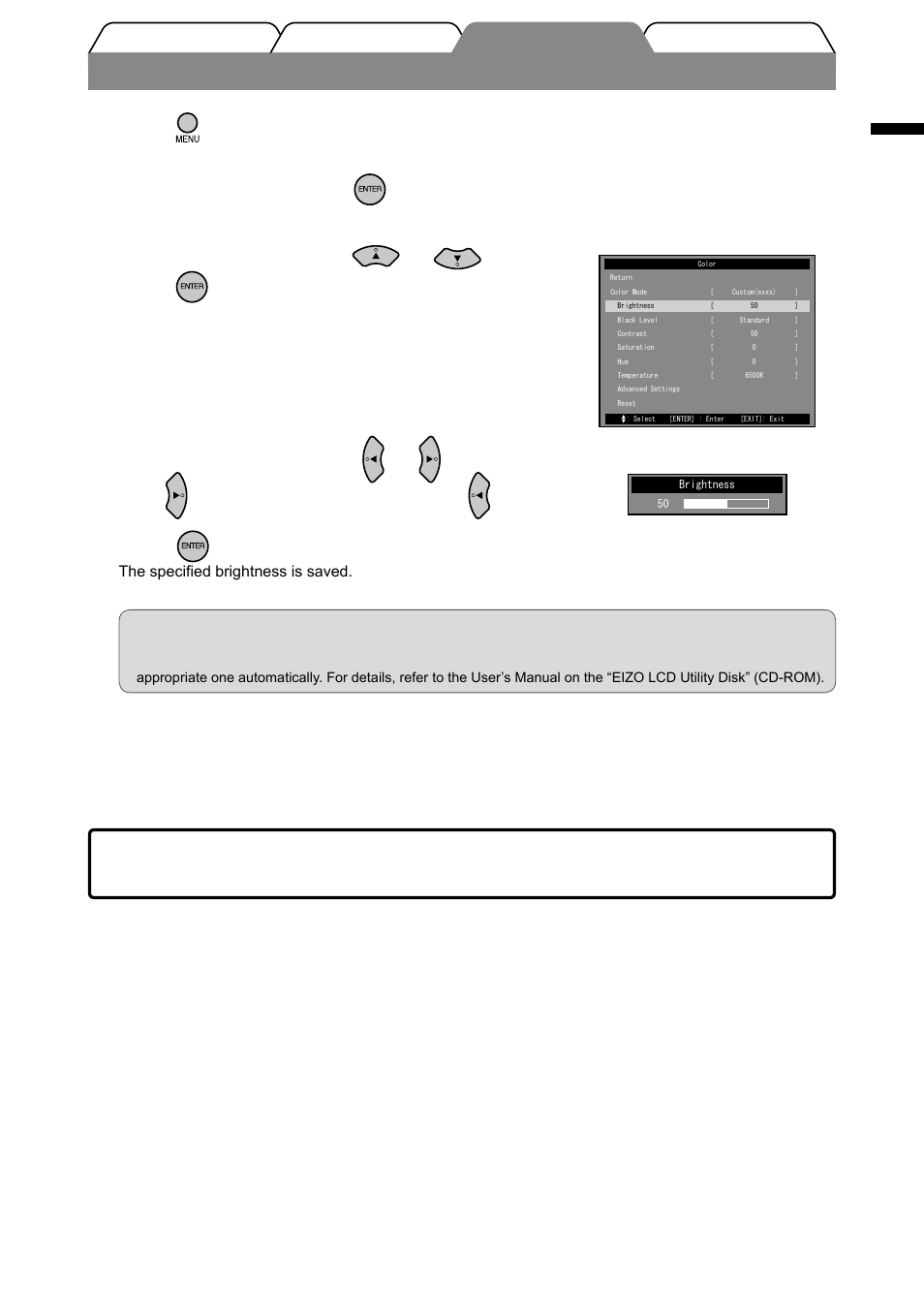 Adjusting brightness, English, Press on the remote control | Choose [color] and press, Choose [brightness] with or and press, Adjust the brightness with or, Press at the desired brightness | Eizo FORIS FX2431 User Manual | Page 17 / 166