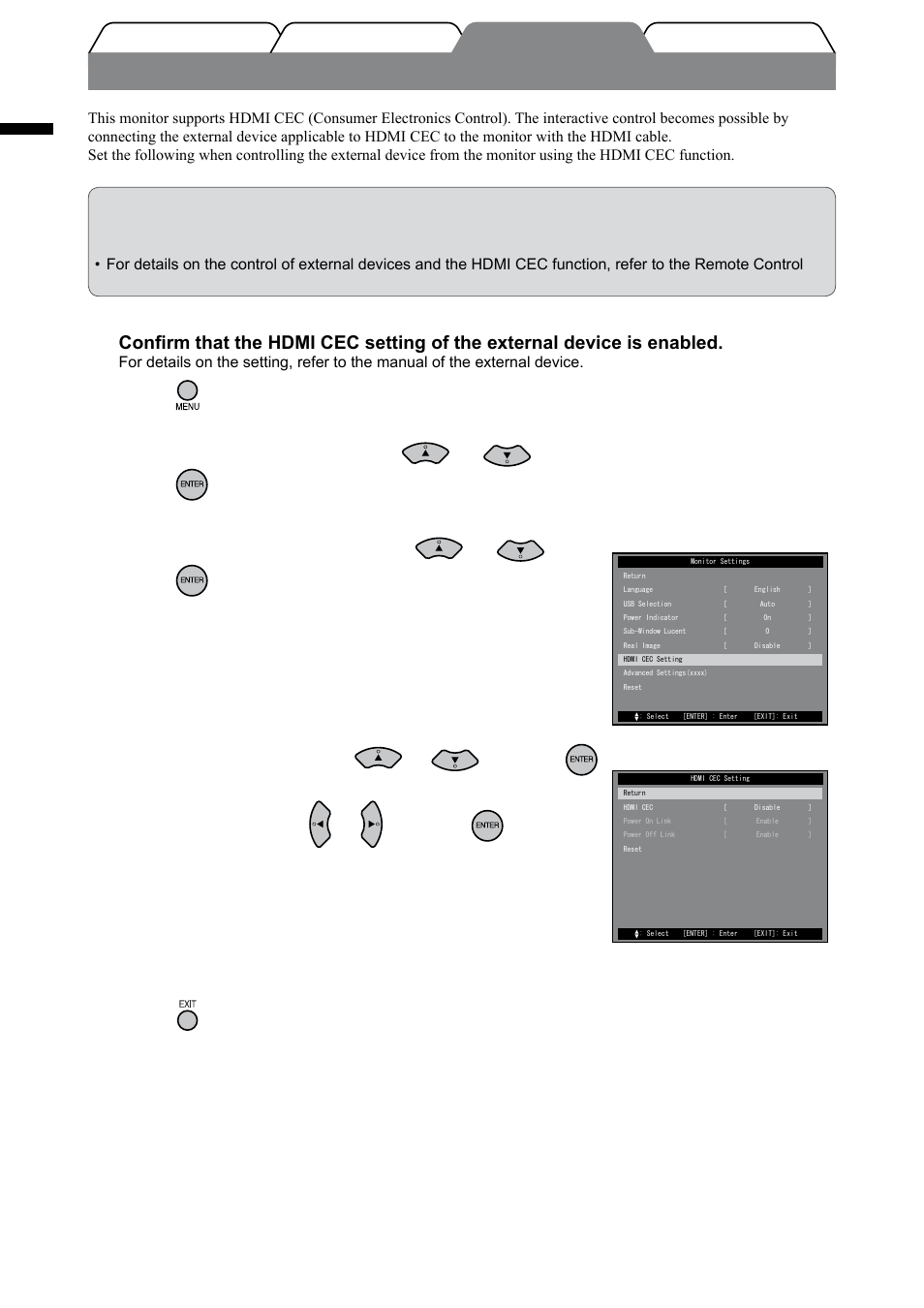 Setting hdmi cec, English, Press on the remote control | Choose [monitor settings] with or and press, Choose [hdmi cec setting] with or and press, Set each item, Press | Eizo FORIS FX2431 User Manual | Page 18 / 166