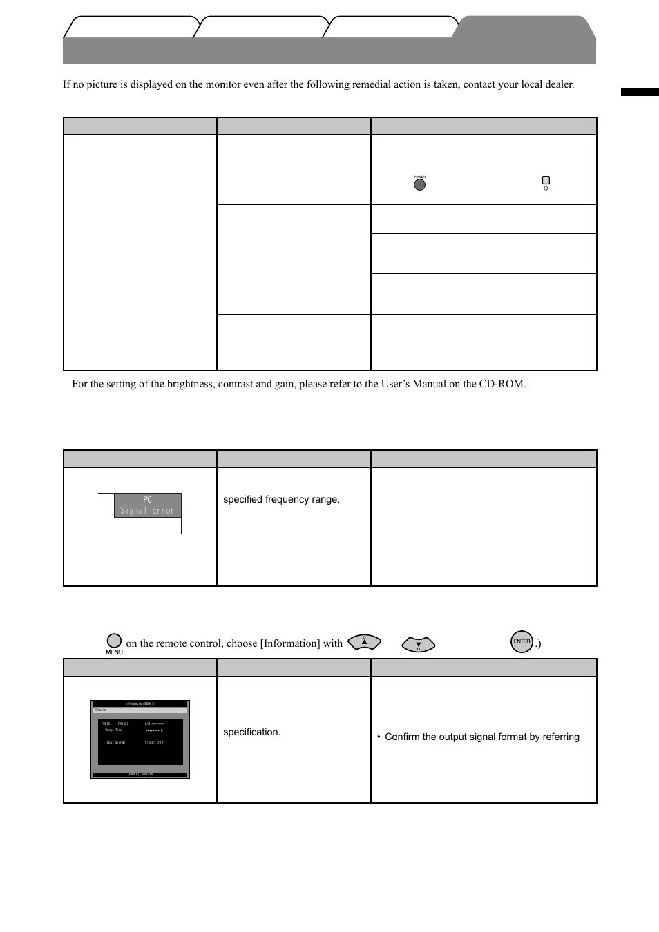 No-picture problem, English, Check the power indicator | Check the error message that remains on the screen, Check [information] of the setting menu | Eizo FORIS FX2431 User Manual | Page 19 / 166