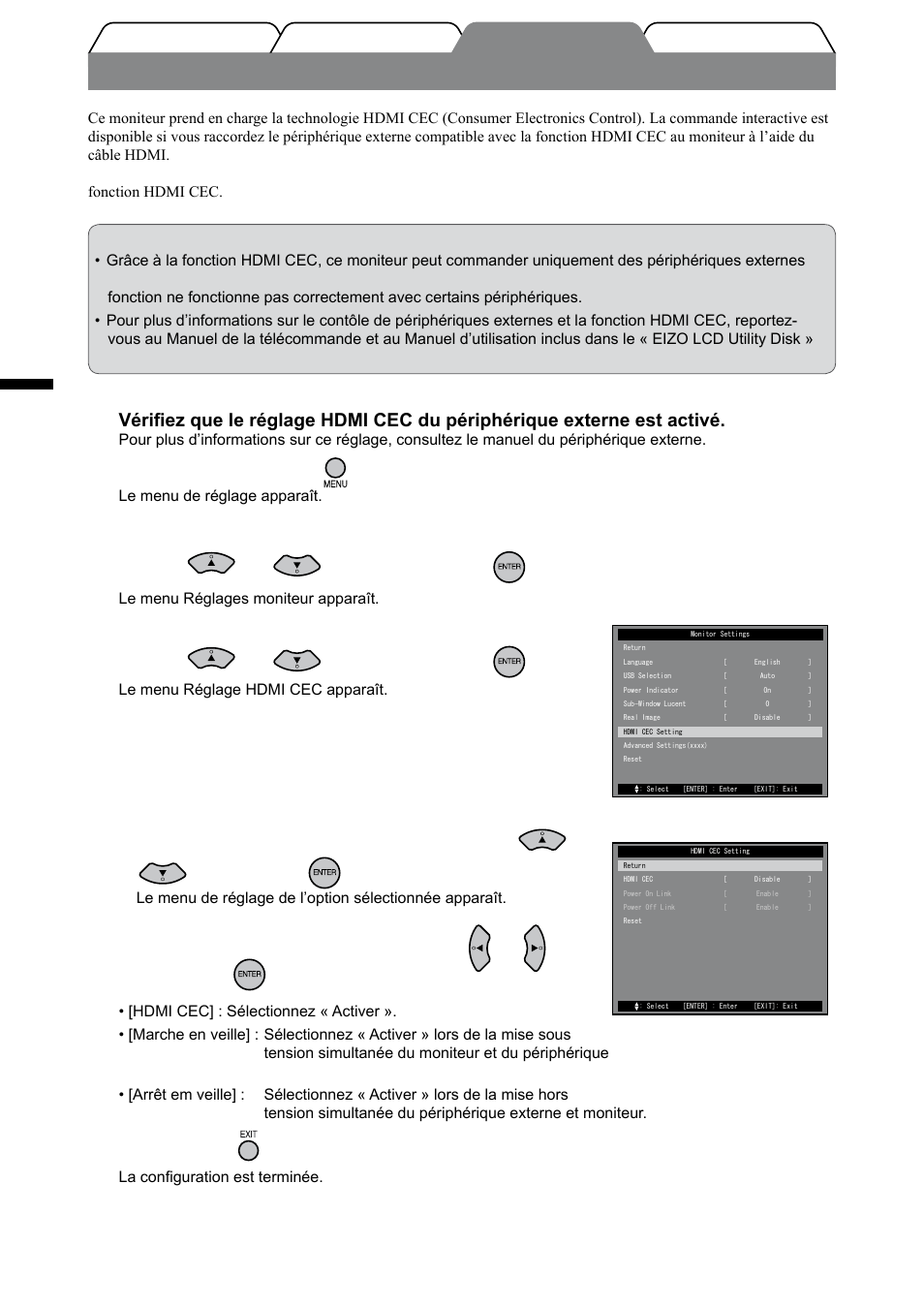 Réglage hdmi cec, Français, Appuyez sur la touche de la télécommande | Réglez chaque option, Appuyez sur | Eizo FORIS FX2431 User Manual | Page 54 / 166