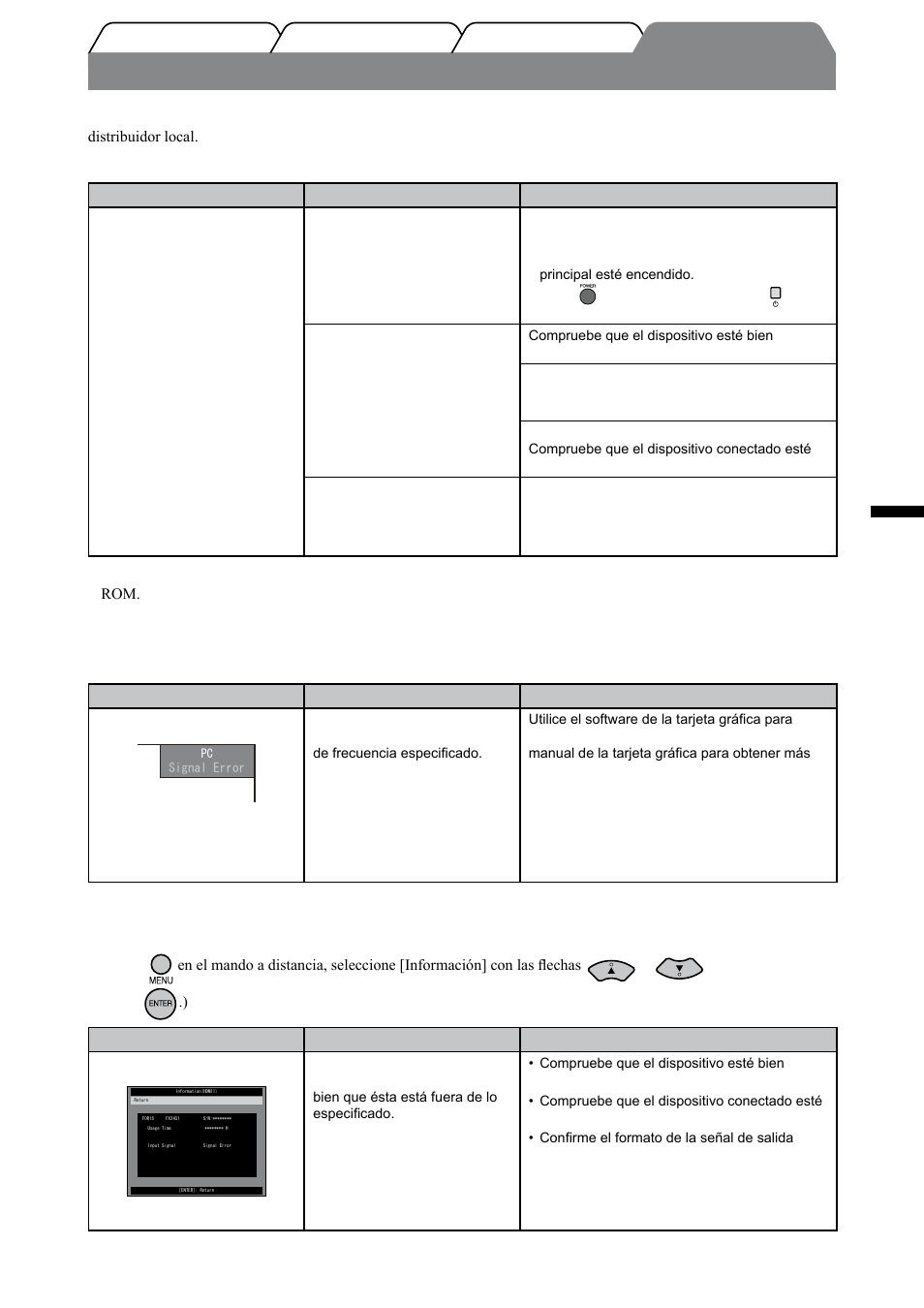 Si no se muestra ninguna imagen, Español, Compruebe el indicador de alimentación | Compruebe el mensaje de error de la pantalla, Consulte [información] en el menú de ajustes | Eizo FORIS FX2431 User Manual | Page 73 / 166