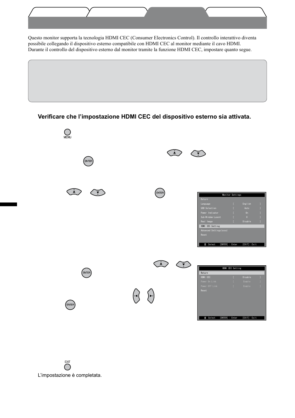 Impostazione di hdmi cec, Italiano, Premere sul telecomando | Impostare ciascuna voce, Premere | Eizo FORIS FX2431 User Manual | Page 90 / 166