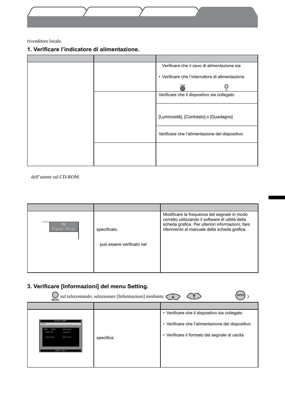 Problema nessuna immagine, Italiano, Verificare l’indicatore di alimentazione | Controllare il messaggio di errore sullo schermo, Verificare [informazioni] del menu setting | Eizo FORIS FX2431 User Manual | Page 91 / 166