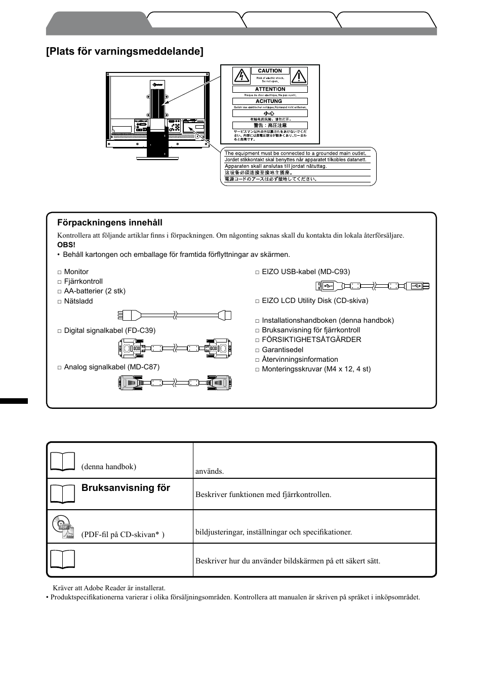 Om installationshandboken och bruksanvisningen, Plats för varningsmeddelande | Eizo FORIS FX2431 User Manual | Page 96 / 166