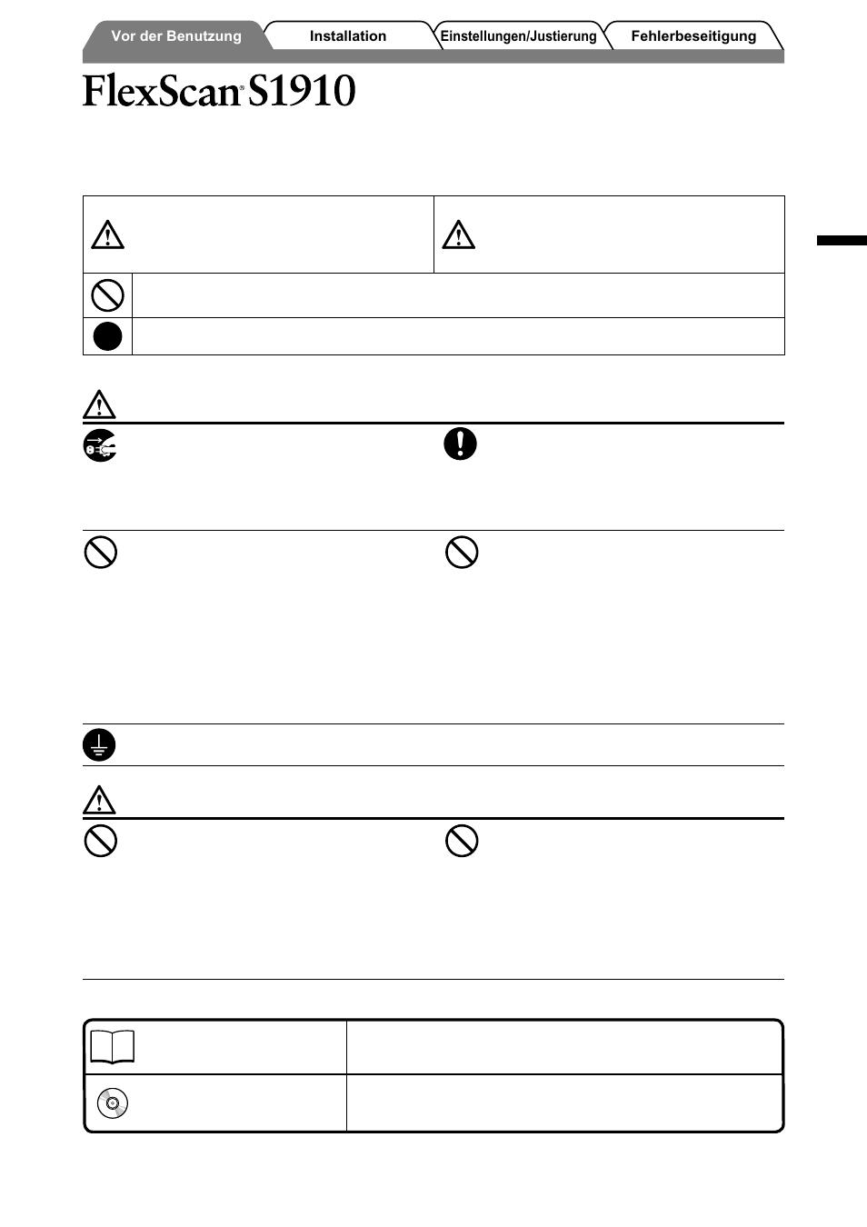 Lcd-farbmonitor, Sicherheitssymbole, Vorsichtsmassnahmen | Eizo FlexScan S1910 User Manual | Page 9 / 58