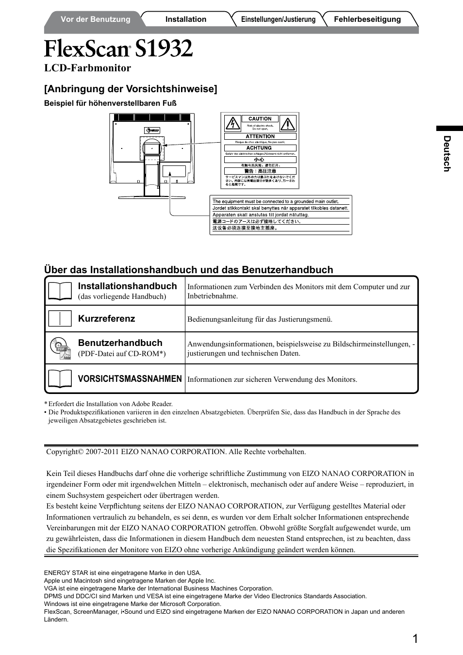 Lcd-farbmonitor, Anbringung der vorsichtshinweise | Eizo FlexScan S1932 User Manual | Page 11 / 76