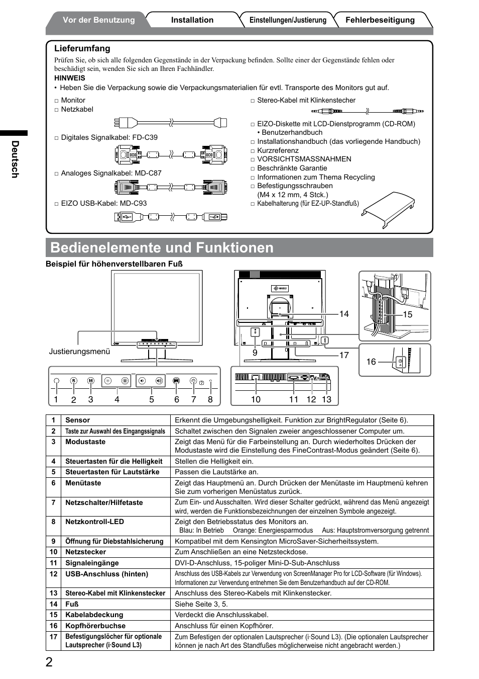 Bedienelemente und funktionen, Deutsch | Eizo FlexScan S1932 User Manual | Page 12 / 76