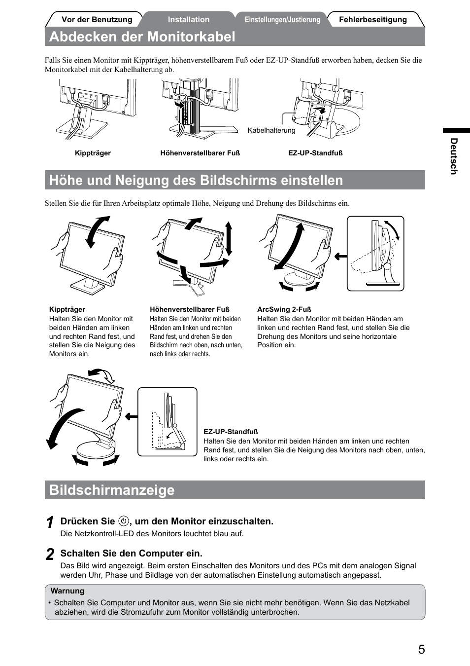 Bildschirmanzeige, Abdecken der monitorkabel, Höhe und neigung des bildschirms einstellen | Eizo FlexScan S1932 User Manual | Page 15 / 76