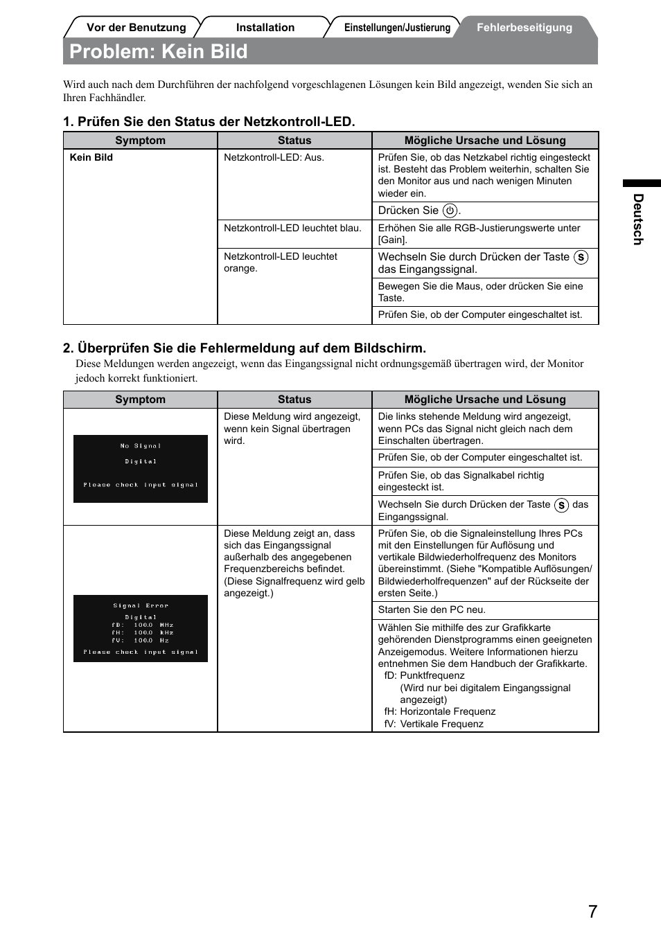 Problem: kein bild, Deutsch, Prüfen sie den status der netzkontroll-led | Eizo FlexScan S1932 User Manual | Page 17 / 76