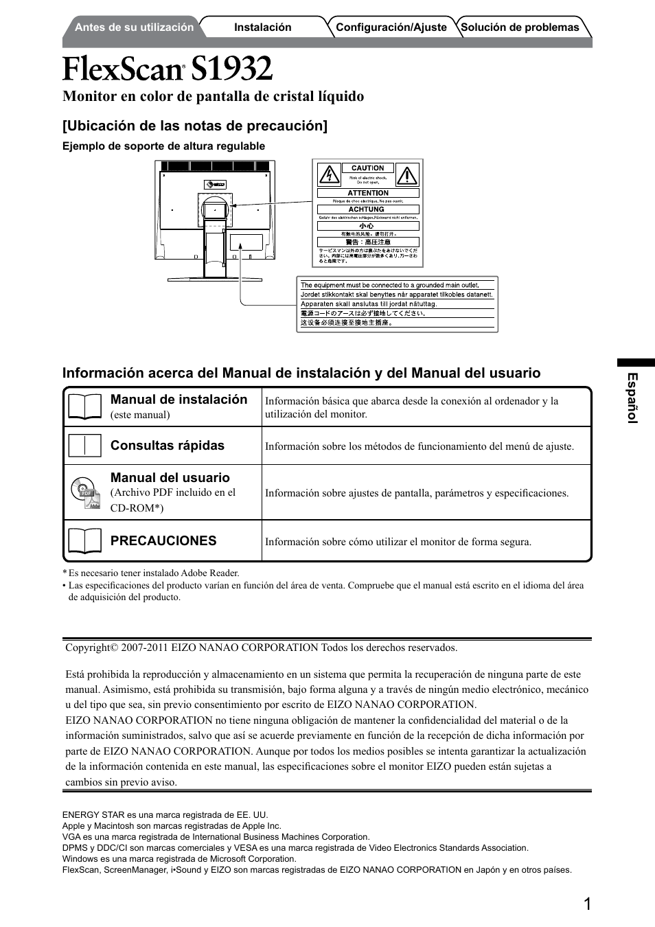 Monitor en color de pantalla de cristal líquido, Ubicación de las notas de precaución | Eizo FlexScan S1932 User Manual | Page 27 / 76