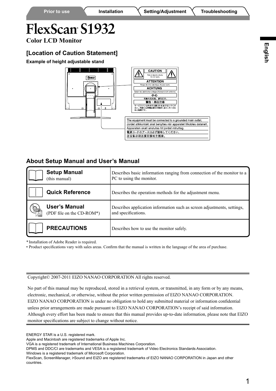 Color lcd monitor, About setup manual and user’s manual, Location of caution statement | Eizo FlexScan S1932 User Manual | Page 3 / 76