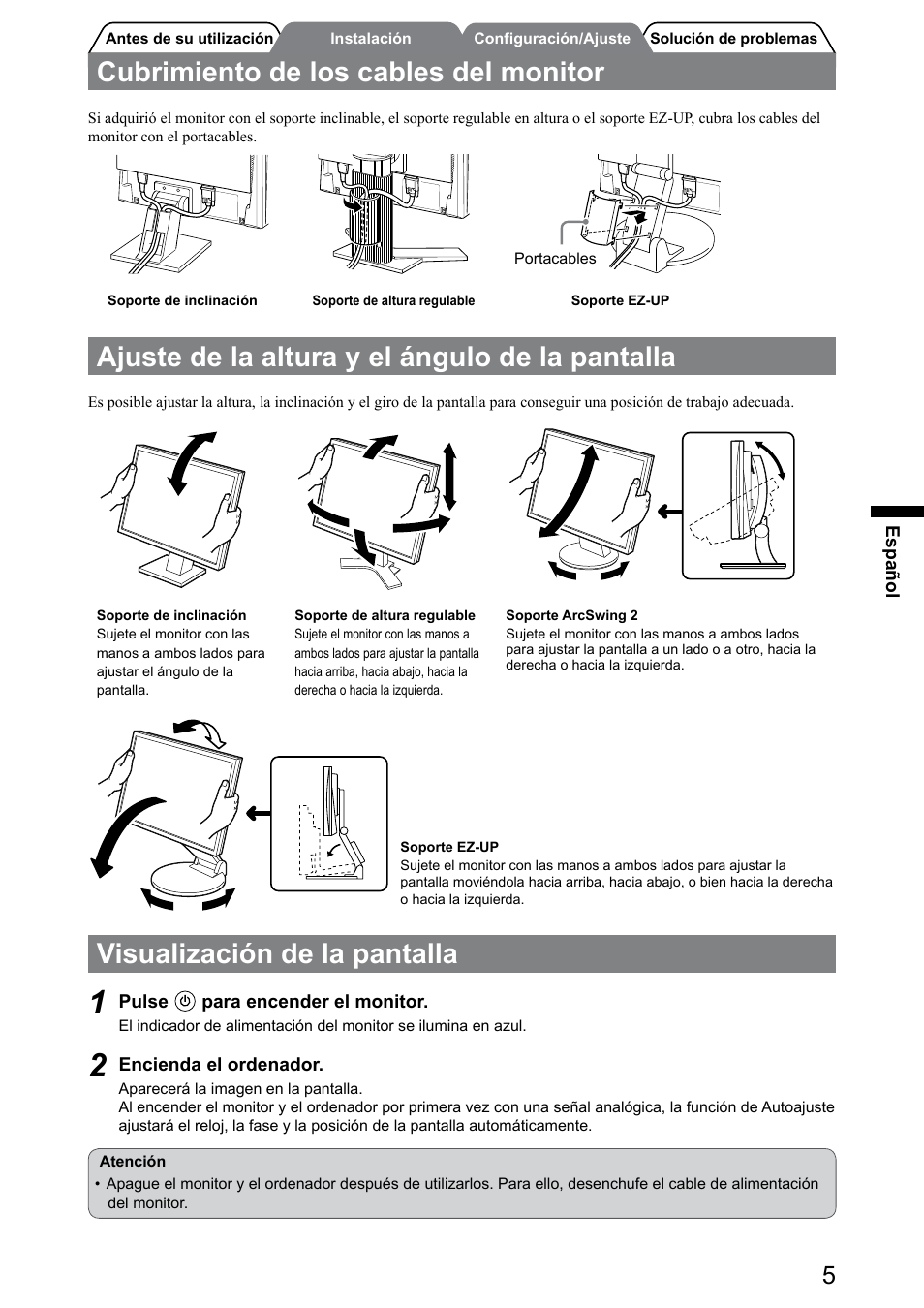 Visualización de la pantalla, Cubrimiento de los cables del monitor, Ajuste de la altura y el ángulo de la pantalla | Eizo FlexScan S1932 User Manual | Page 31 / 76