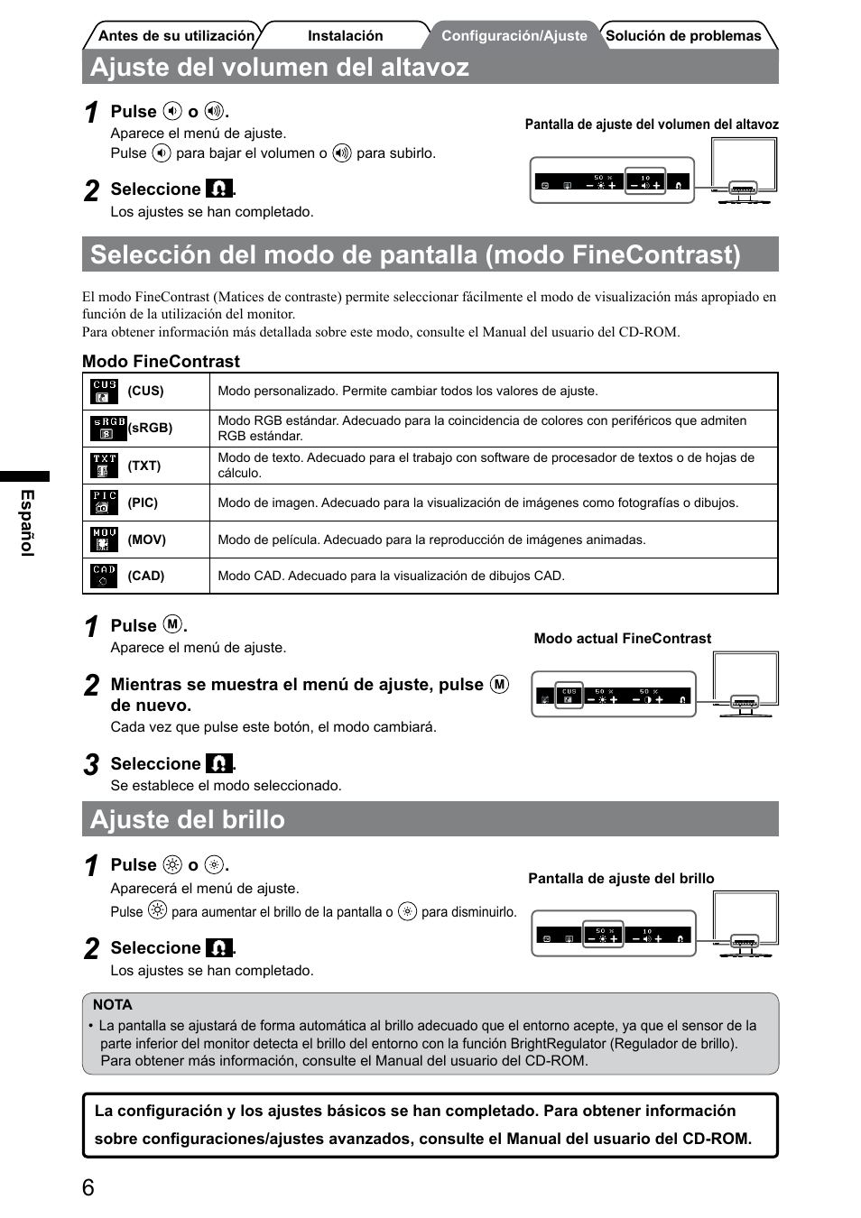 Ajuste del brillo, Ajuste del volumen del altavoz, Selección del modo de pantalla (modo finecontrast) | Eizo FlexScan S1932 User Manual | Page 32 / 76