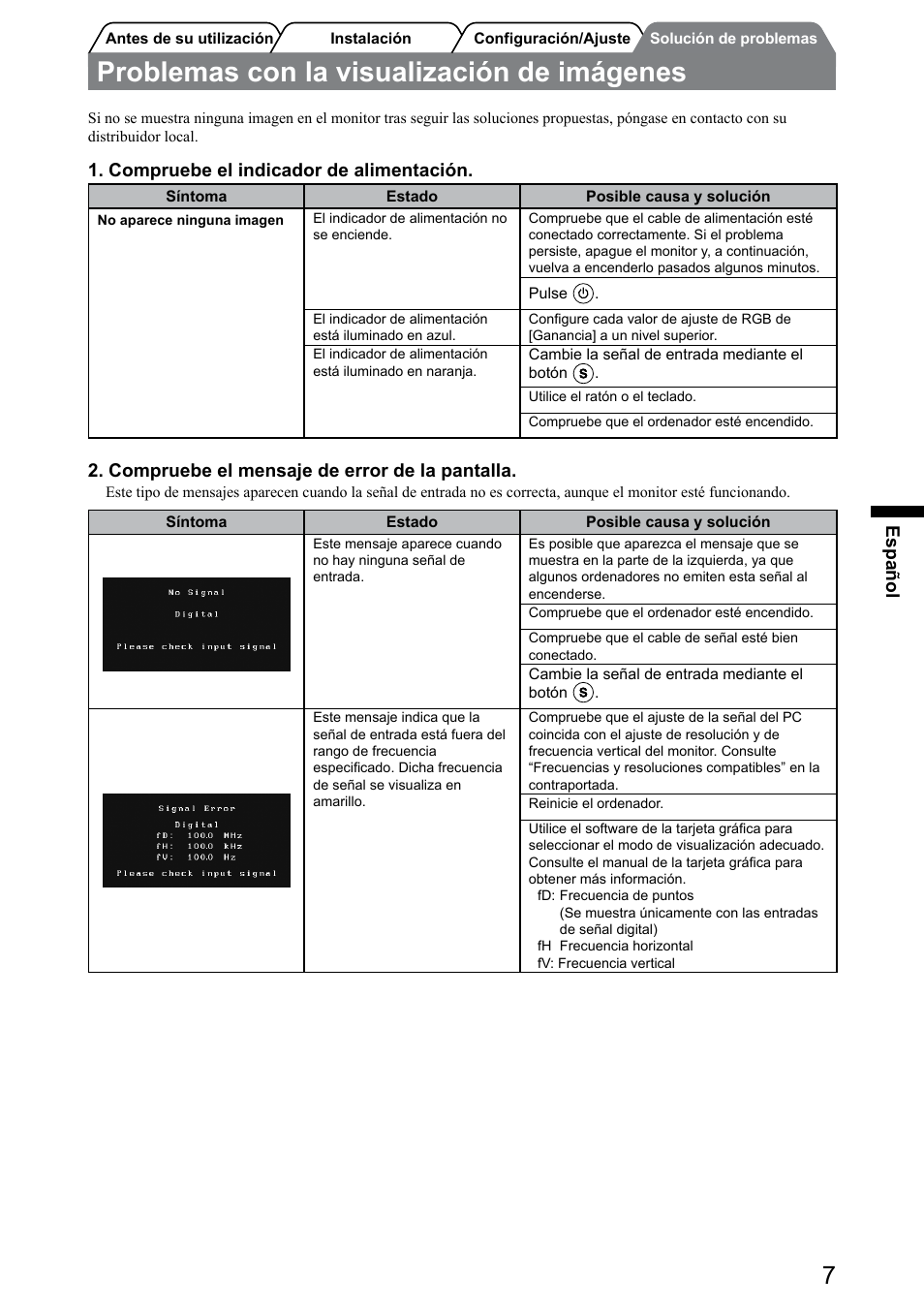 Problemas con la visualización de imágenes, Español, Compruebe el indicador de alimentación | Compruebe el mensaje de error de la pantalla | Eizo FlexScan S1932 User Manual | Page 33 / 76