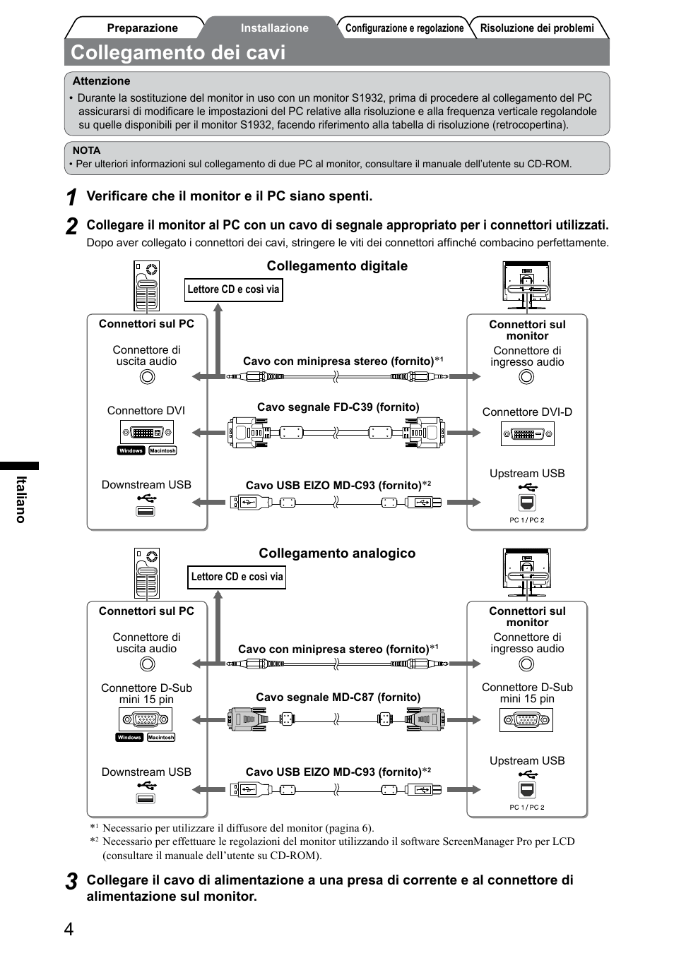 Collegamento dei cavi | Eizo FlexScan S1932 User Manual | Page 38 / 76