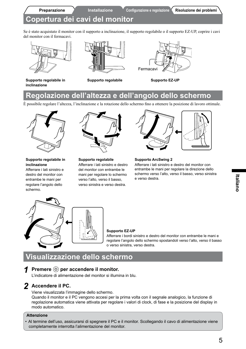 Visualizzazione dello schermo, Copertura dei cavi del monitor | Eizo FlexScan S1932 User Manual | Page 39 / 76