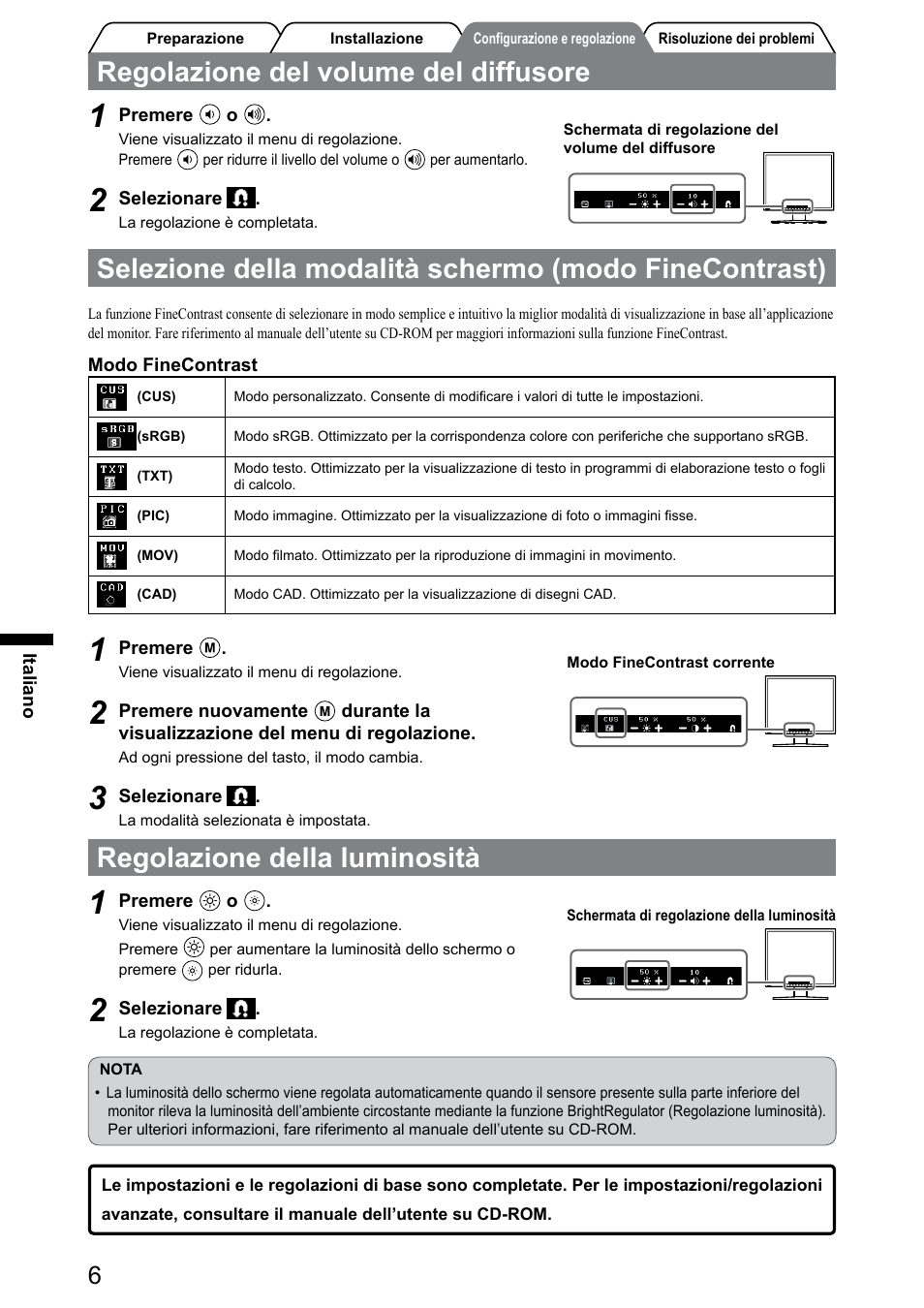 Regolazione della luminosità, Regolazione del volume del diffusore | Eizo FlexScan S1932 User Manual | Page 40 / 76