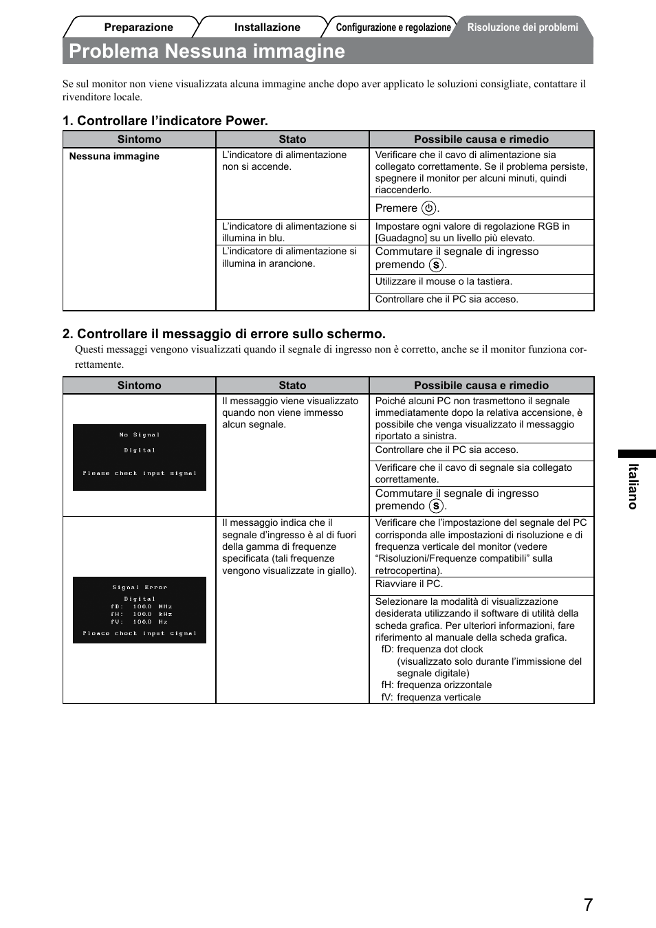 Problema nessuna immagine, Italiano, Controllare l’indicatore power | Controllare il messaggio di errore sullo schermo | Eizo FlexScan S1932 User Manual | Page 41 / 76