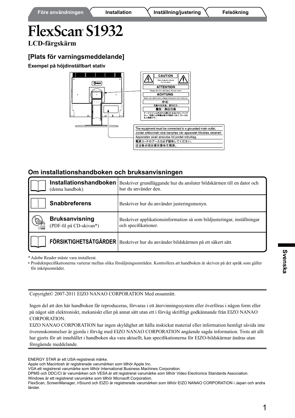 Lcd-färgskärm, Om installationshandboken och bruksanvisningen, Plats för varningsmeddelande | Eizo FlexScan S1932 User Manual | Page 43 / 76