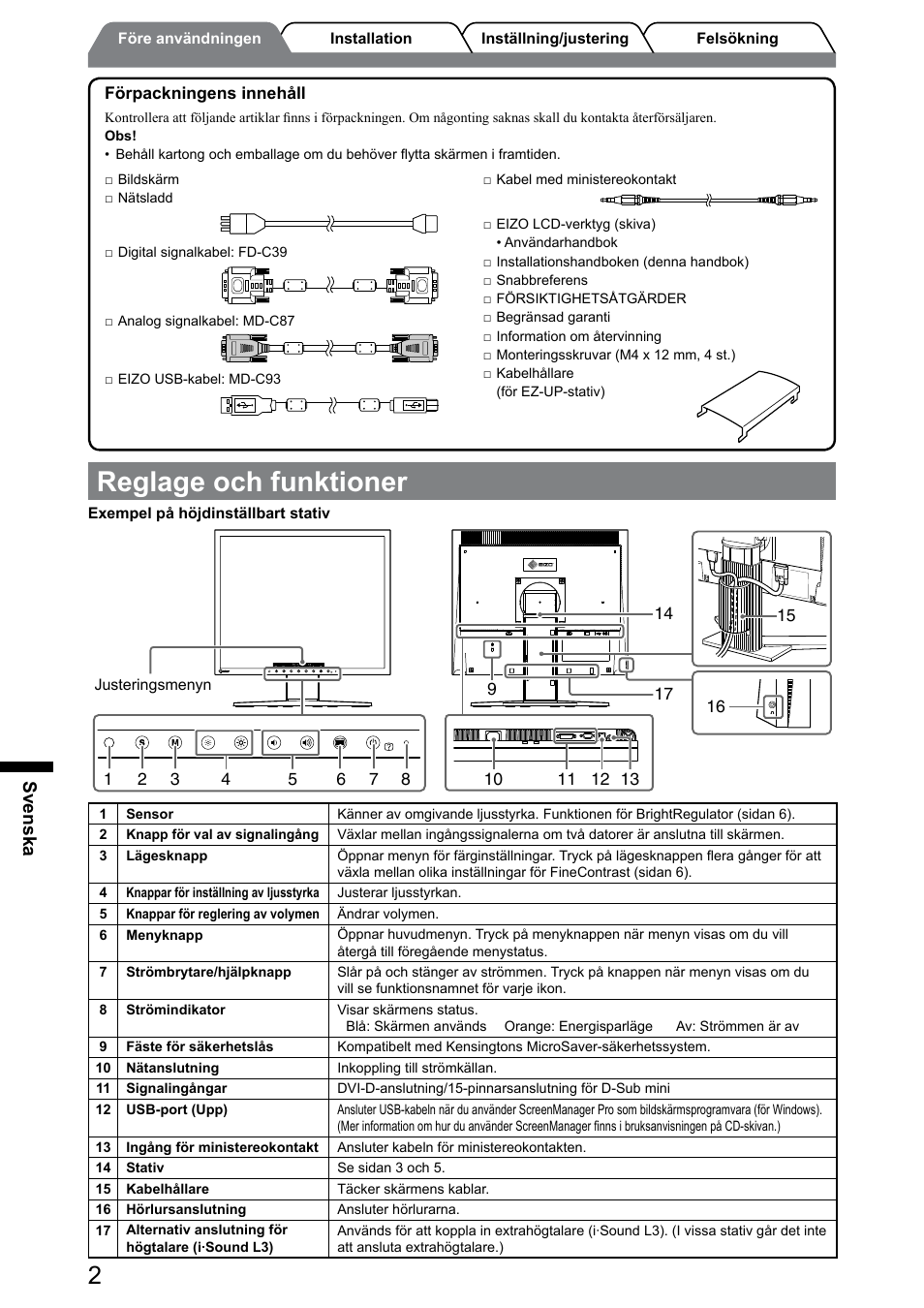 Reglage och funktioner, Svenska | Eizo FlexScan S1932 User Manual | Page 44 / 76