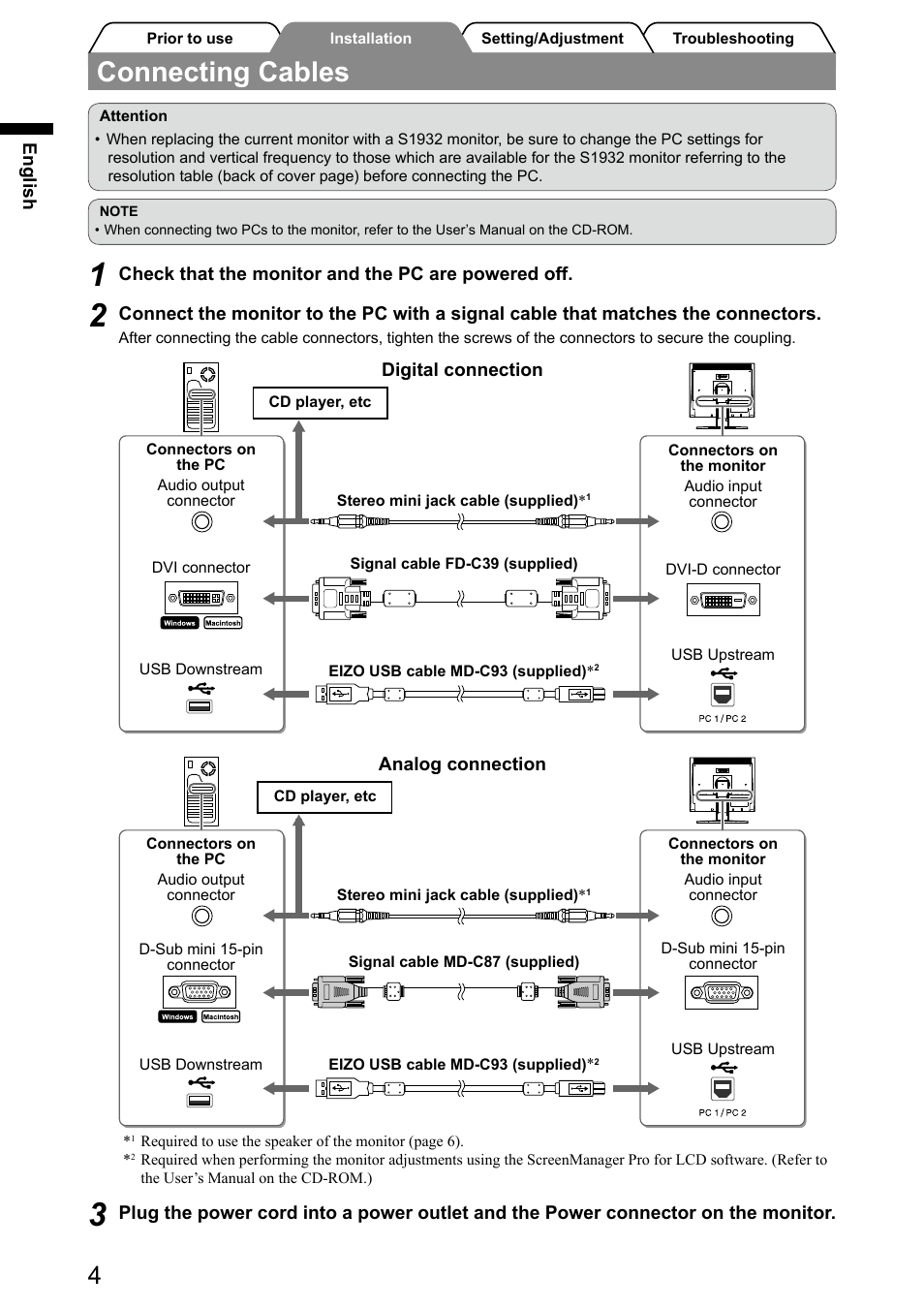 Connecting cables | Eizo FlexScan S1932 User Manual | Page 6 / 76