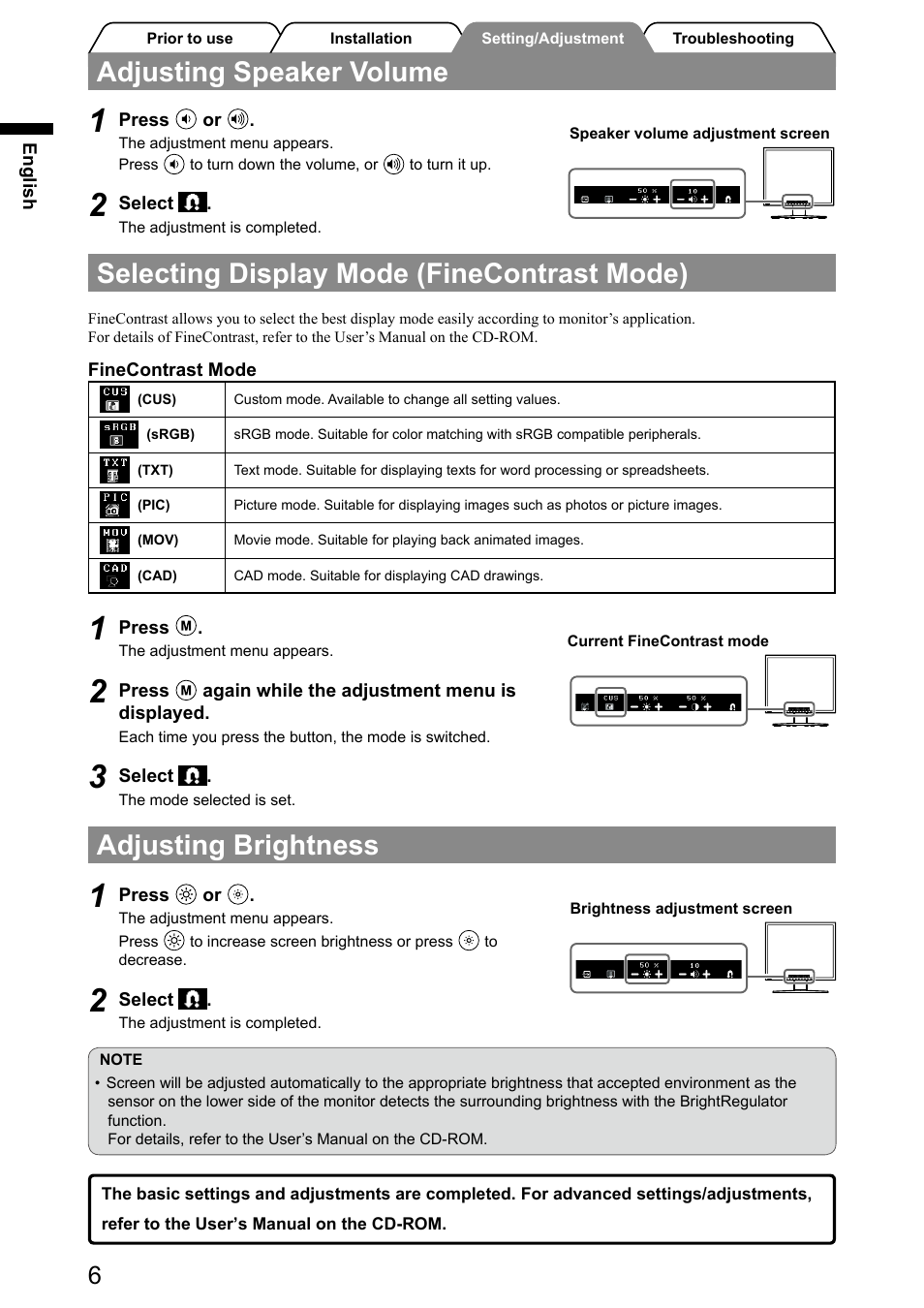 Adjusting speaker volume, Selecting display mode (finecontrast mode), Adjusting brightness | Eizo FlexScan S1932 User Manual | Page 8 / 76