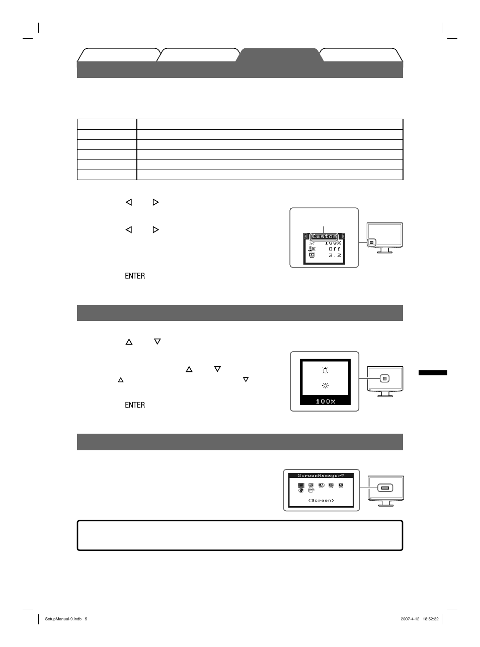 Välja skärmläge, Ställa in skärmens ljusstyrka, Att genomföra avancerade inställningar/justeringar | Eizo FlexScan S2411W User Manual | Page 37 / 60