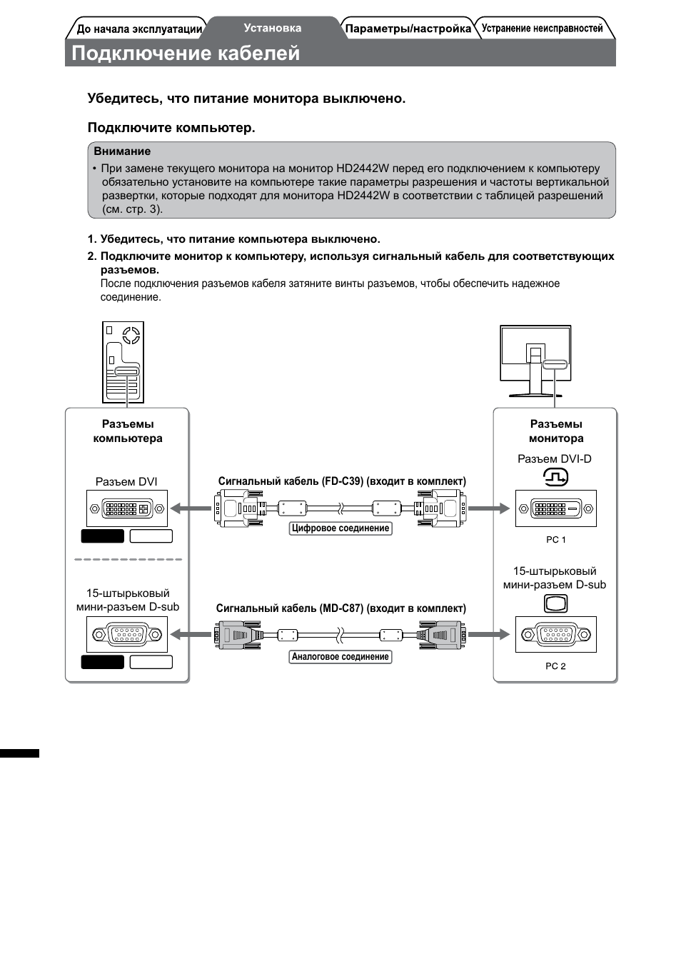 Подключение кабелей | Eizo FlexScan HD2442W User Manual | Page 122 / 148