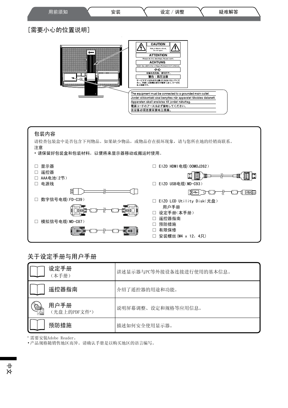 关于设定手册与用户手册, 需要小心的位置说明, 设定手册 | 遥控器指南, 用户手册, 预防措施 | Eizo FlexScan HD2442W User Manual | Page 134 / 148