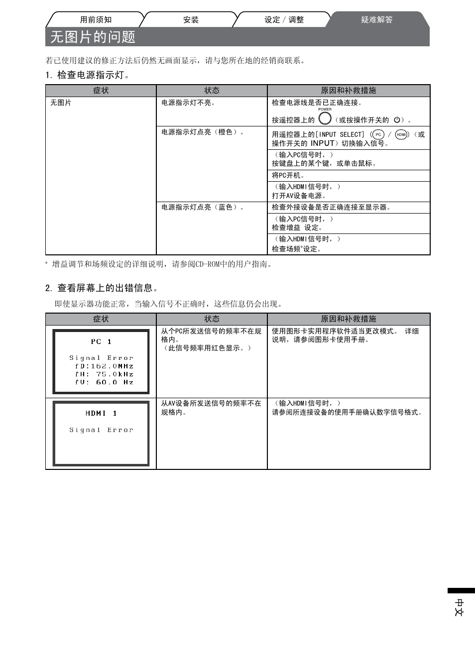 无图片的问题, 检查电源指示灯, 查看屏幕上的出错信息 | Eizo FlexScan HD2442W User Manual | Page 145 / 148