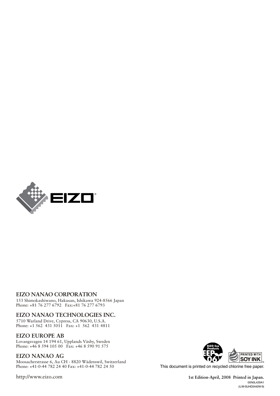 Eizo nanao corporation eizo nanao technologies inc, Eizo nanao ag, Eizo europe ab | Eizo FlexScan HD2442W User Manual | Page 148 / 148