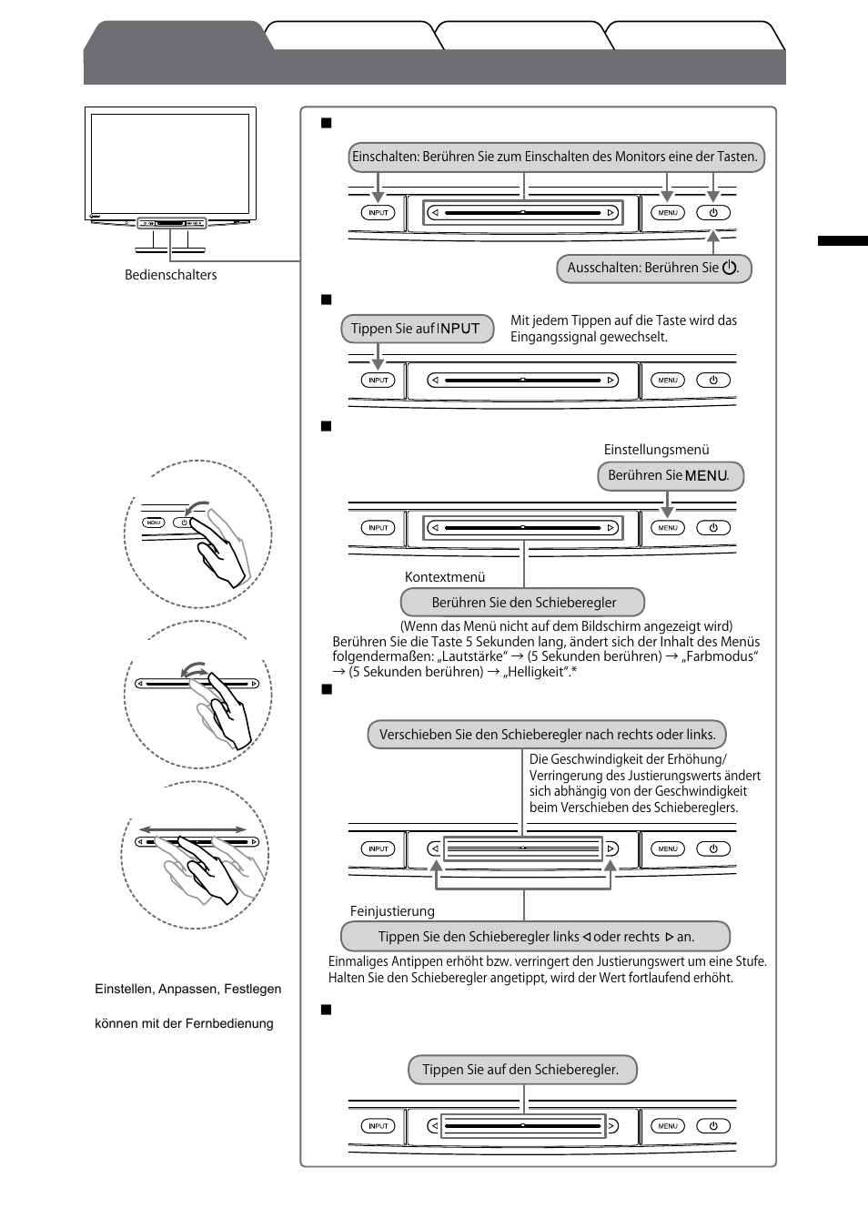 Verwenden des bedienschalters, Deutsch, Ein-/ausschalten  wechseln des eingangssignals | Anzeigen/beenden eines menüs | Eizo FlexScan HD2442W User Manual | Page 25 / 148