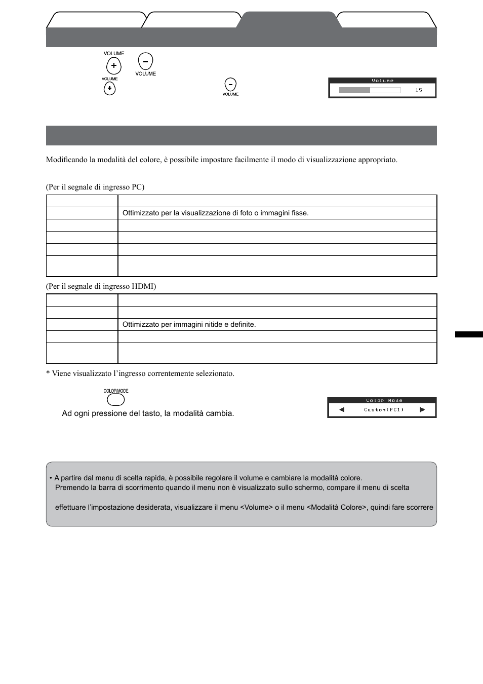 Regolazione del volume dell’audio, Selezione della modalità schermo | Eizo FlexScan HD2442W User Manual | Page 79 / 148