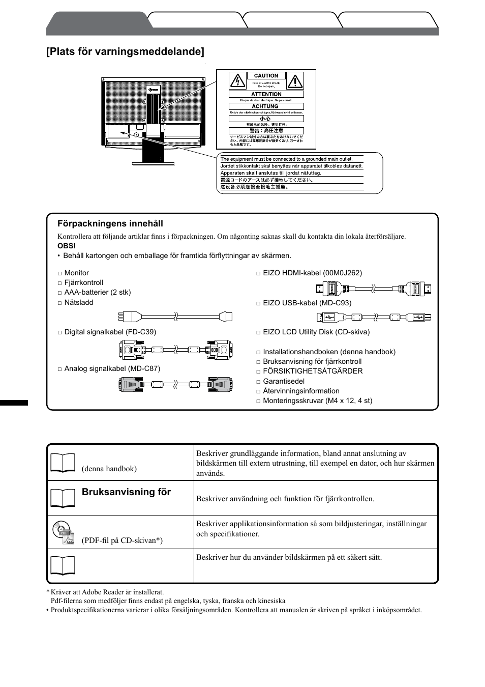 Om installationshandboken och bruksanvisningen, Plats för varningsmeddelande | Eizo FlexScan HD2442W User Manual | Page 86 / 148