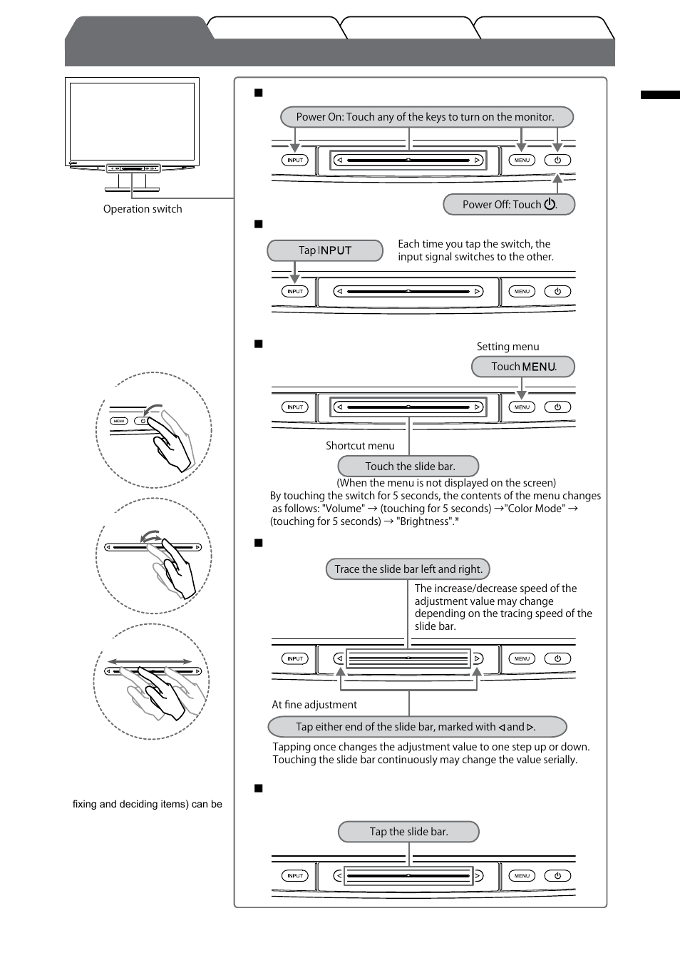 Using the operation switch, English, Selecting a menu item/setting and adjusting | Switching the input signal | Eizo FlexScan HD2442W User Manual | Page 9 / 148