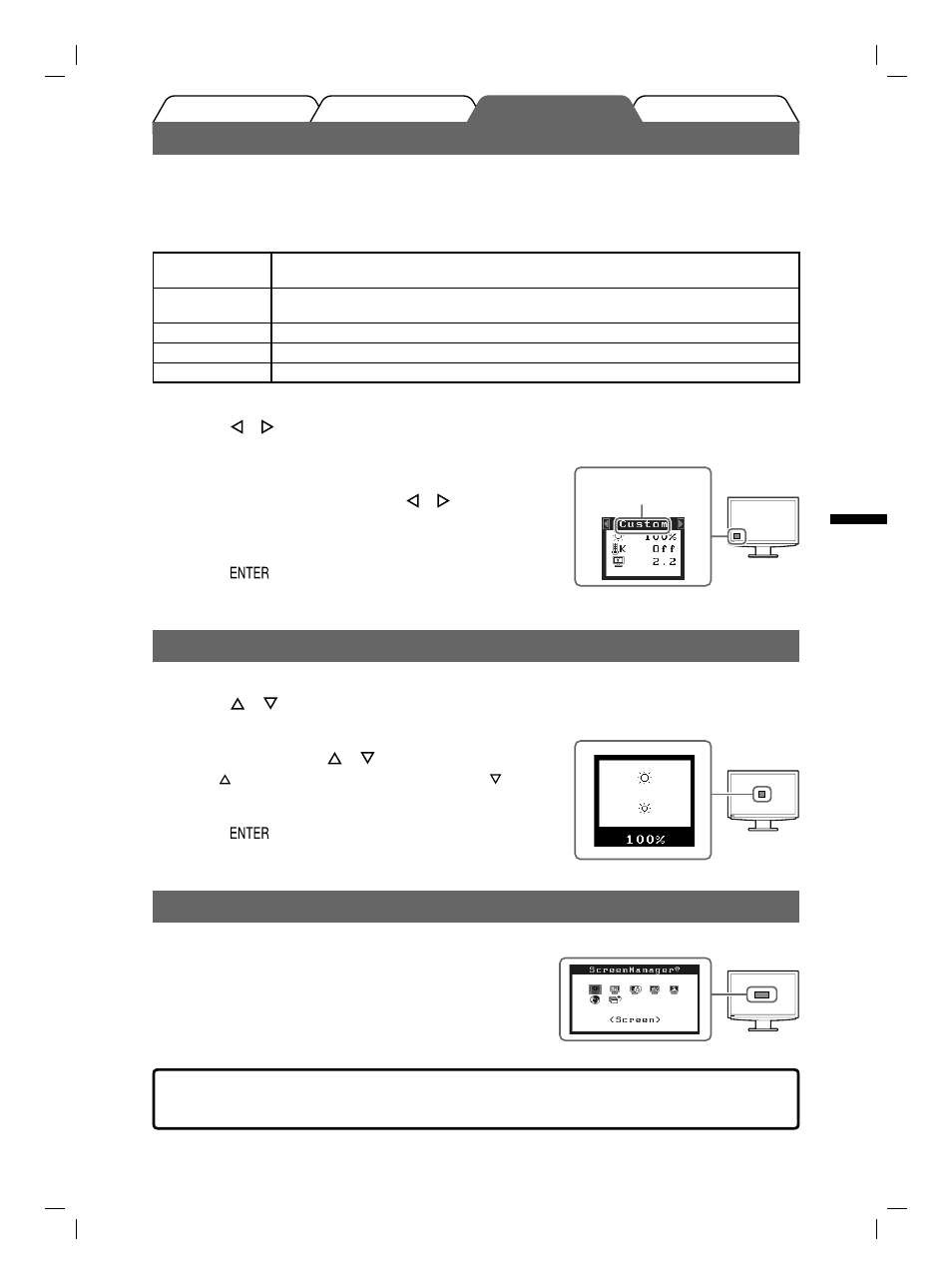 Selección del modo de pantalla, Ajuste del brillo, Ejecución de la confi guración/ajustes avanzados | Eizo FlexScan S2111W User Manual | Page 25 / 60