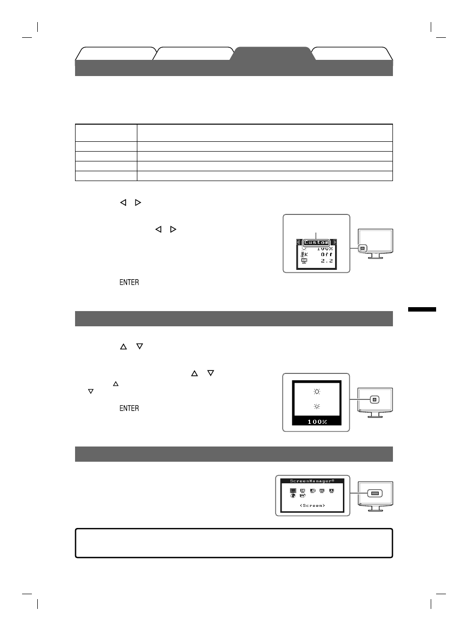 Selezione della modalità schermo, Regolazione della luminosità, Esecuzione delle impostazioni/regolazioni avanzate | Eizo FlexScan S2111W User Manual | Page 31 / 60
