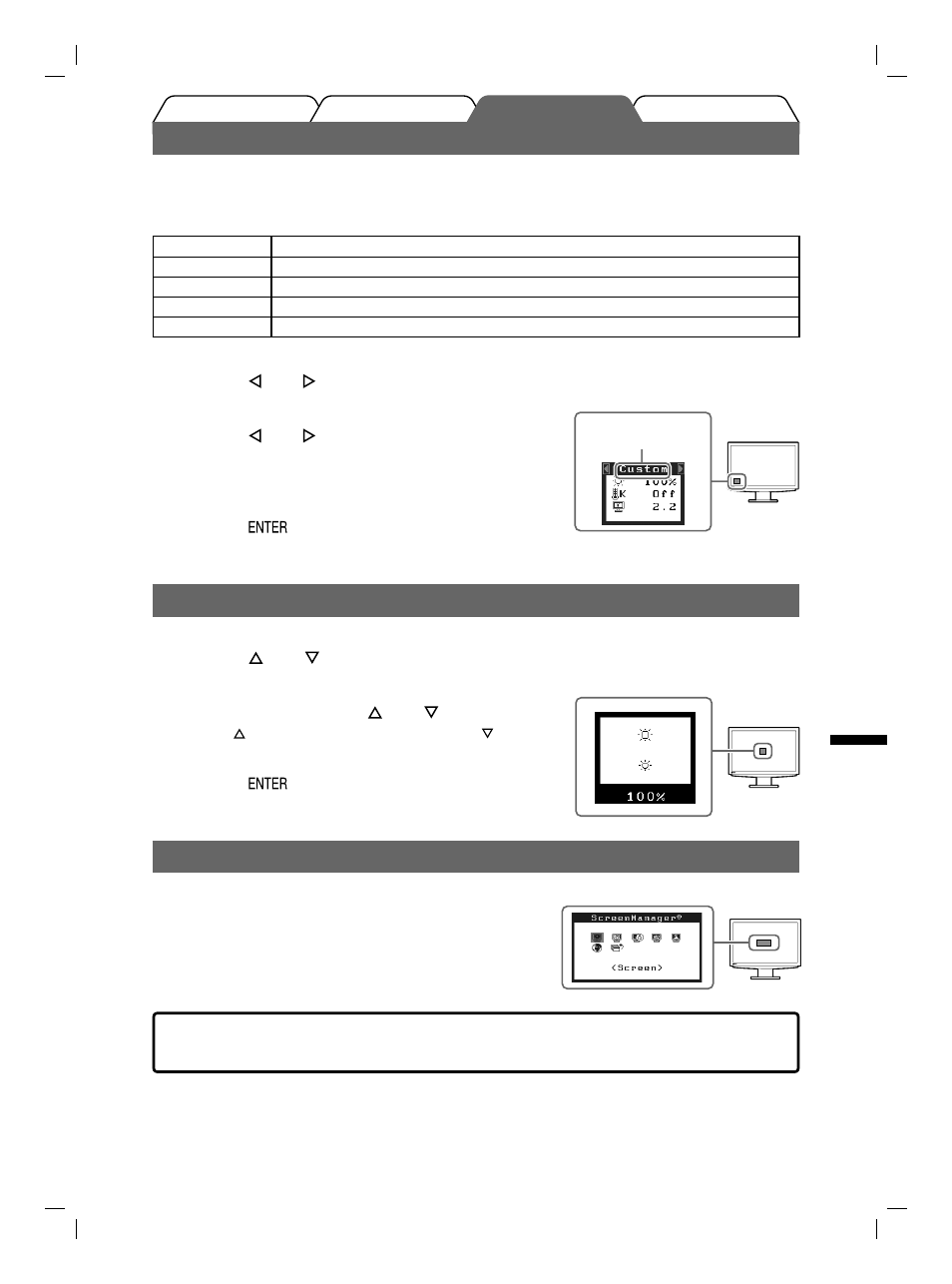 Välja skärmläge, Ställa in skärmens ljusstyrka, Att genomföra avancerade inställningar/justeringar | Eizo FlexScan S2111W User Manual | Page 37 / 60