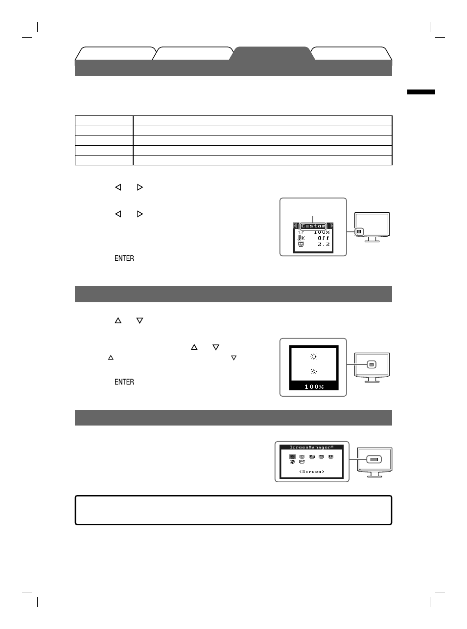 Selecting display mode, Adjusting brightness, Performing advanced settings/adjustments | Eizo FlexScan S2111W User Manual | Page 7 / 60